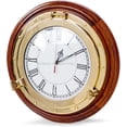 thumbnail image 1 of Nagina International 16" Premium Wood Base Nautical Porthole Brass Time's Clock | Wall Decor | Pirates Maritime Gift, 1 of 6
