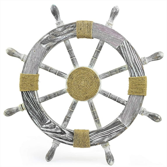 Nagina International 18" Antique Black Nautical Decorative Premium Pine Wood Ship Wheel With Rope Center Motif - Captain Maritime Beach Home Decor Gift