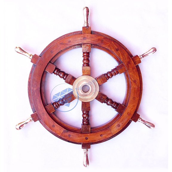 Nagina International 18" Nautical Ship Wheel With Brass Handles - Pirate Home Decor