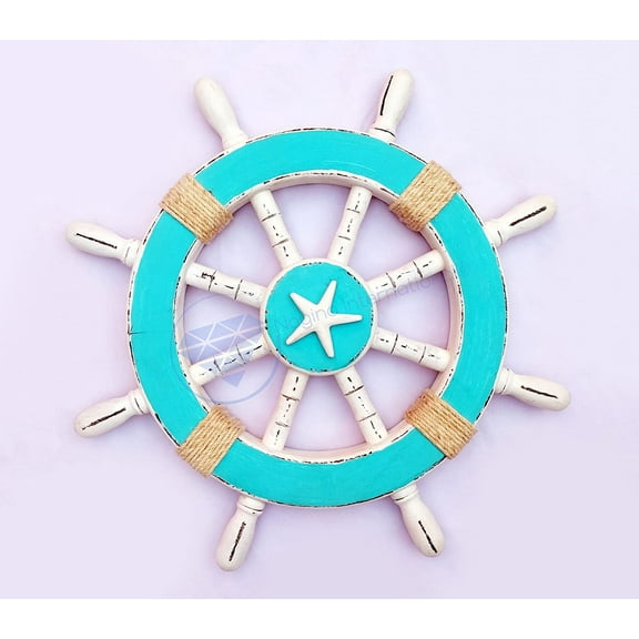 Nagina International 18" Rustic Ocean Blue Decorative Nautical Ship Wheel Roped | Starfish Motif | Pirate's Wall Decor | Sea Gift