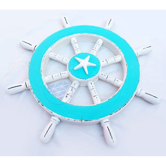 Nagina International 18" Rustic Ocean Blue Decorative Nautical Ship Wheel | Starfish Motif | Pirate's Wall Decor | Sea Gift