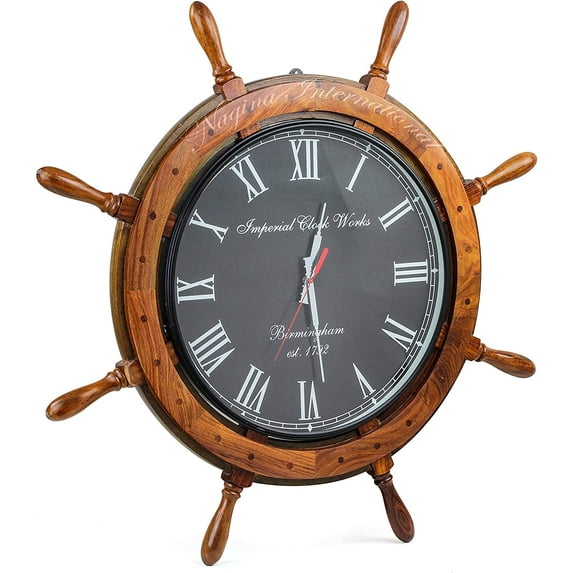 Nagina International 30" Nautical Ship Wheel Black Dial Imperial Clock Works (Birmingham) | Vintage Colonial Style Wall Hanging Decor & Clock | Ocean Gifts Ideas