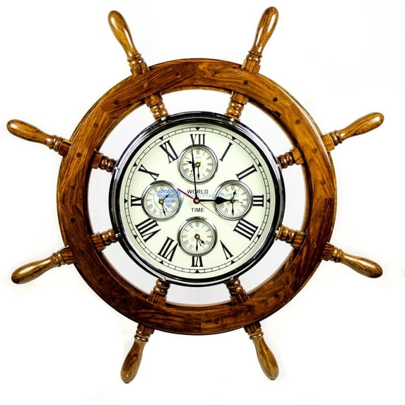 Nagina International 30" Premium Mahogany Crafted Large Nautical Ship's Wheel Times World Clock | Nautical Home Decor & Gifts (30 Inches, Rosewood)