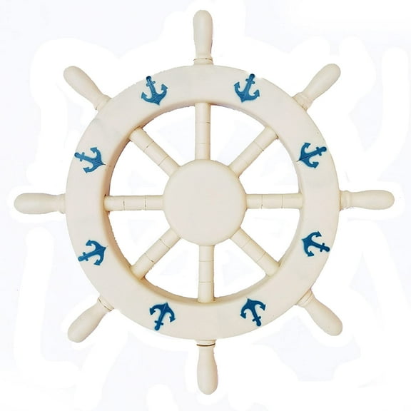 Nagina International Almond White Decorative Ship Wheel With Blue Printed Anchors - Home Decor (12 Inches)