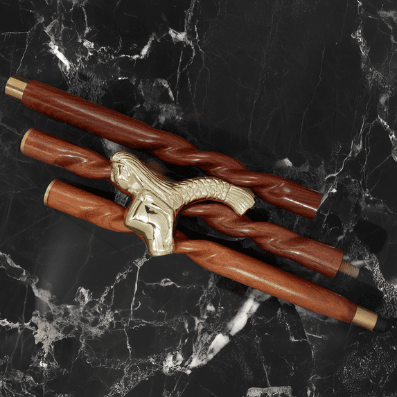 Nagina International Aluminum & Brass Decorative Rosewood Walking Cane | Full Size Walking-Stick for Men & Women (Spiral Wood, Brass Mermaid)