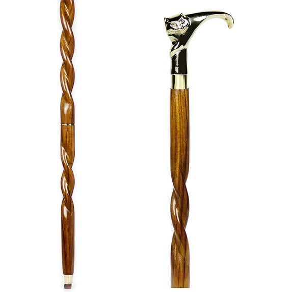 Nagina International Aluminum & Brass Decorative Rosewood Walking Cane | Full Size Walking-Stick for Men & Women (Spiral Wood, Mountain Cat)