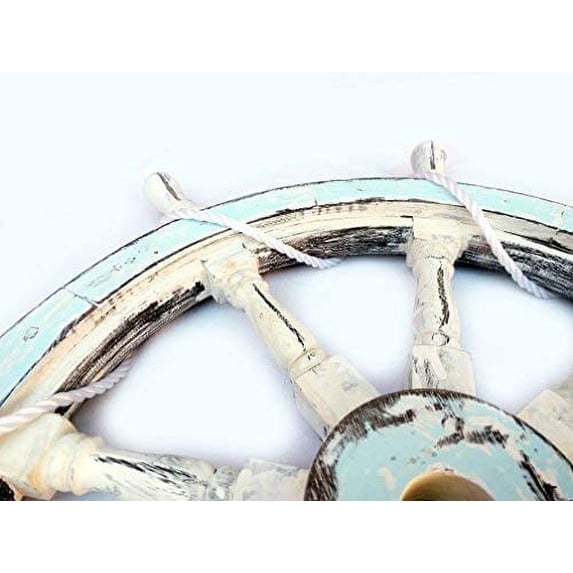Nagina International Antique Ocean Light Blue Decorative Vintage Rope Ship Wheel - Pirate Home Decor Wall Hanging Gifts (30 Inches)