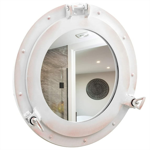 Nagina International Antique Rustic White Porthole Mirror | Maritime Aluminum Vintage Decor | Pirate's Nautical Theme Nursery Wall Hanging Ideas