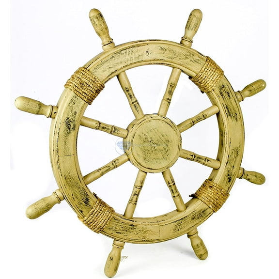 Nagina International Antique Vintage Brown Nautical Pirate's Premium Handcrafted Wooden Ship Wheel With Accentual Ropes | Maritime Exclusive Wall Decor Gift (12 Inches)