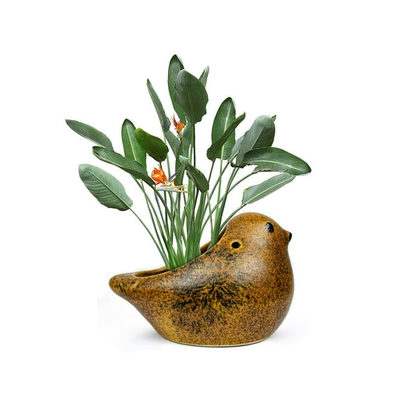 Nagina International Ceramic Punching Yellow Standing Planter | Home Decor Articles & Gifts (White Sparrow)