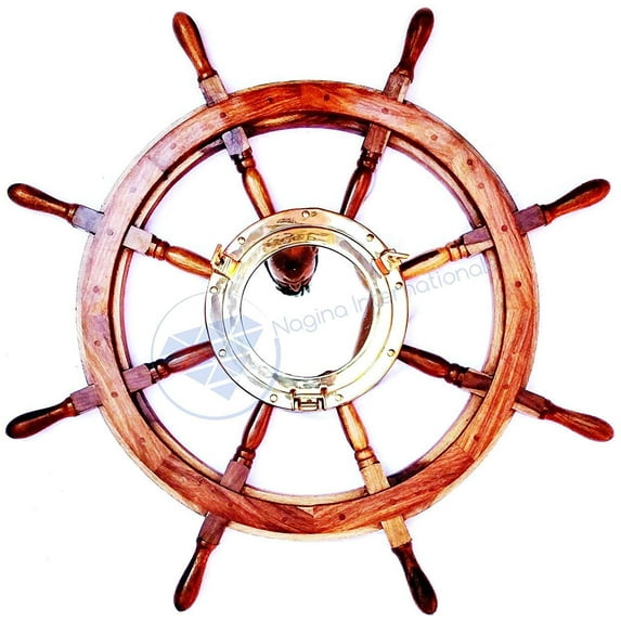 Nagina International Deluxe Nautical Porthole Mirror Ship Wheel On MDF Hub | Handcrafted Decor | Pirates Wall Decor Gift (42 Inches)