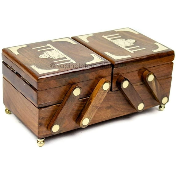 Nagina International Fold-able Brass Inlaid Beautiful Rosewood Handmade Sliding Storage Box | Trivial & Jewelry Storage Box (Taj Mahal)