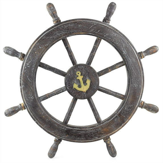 Nagina International Frosty Antique Junkyard Crafted Wooden Ship Wheel | Anchor Motiff | Pirate's Home Wall Decor (18 Inches)