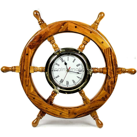 Nagina International Glorious Nautical Ship Wheel with Brass Polished Porthole Accentuated Time's Clock Mounted | Bay Home Decor Gifts