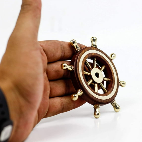 Nagina International Hand Crafted Premium Nautical Wooden Ship Wheel | Exclusive Pirate's Wall Decor | Ocean & Beach Maritime Nursery Decorative Hanging (4 Inches, Brass Ring Handle)