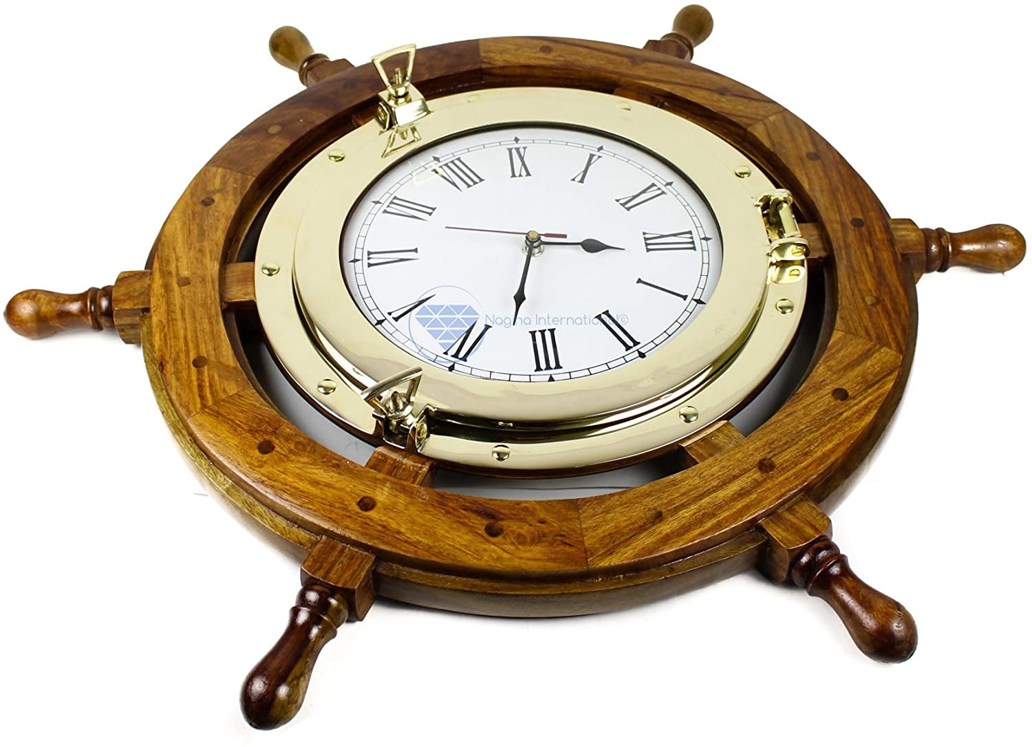 Nagina International Heavy 45 cm Brass Porthole Clock Nautical Teak ...