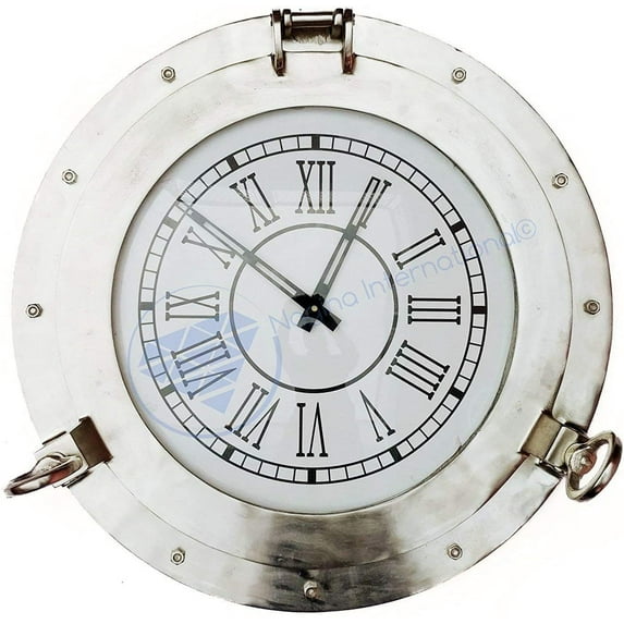 Nagina International Large Aluminum Nickel Plated Wall Clock | Porthole Pirate's Gifts