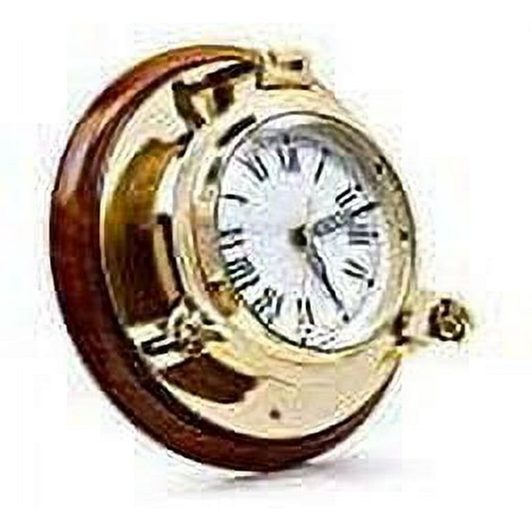 Nagina International Large Nautical Authentic Brass Porthole Clock On  Wooden Rosewood Mount