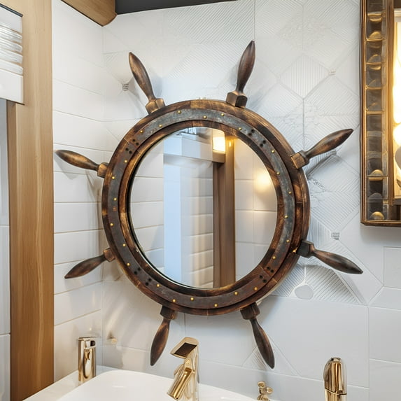 Nagina International Large Premium Antique Vintage Iron Rusted Mirror Ship Wheel | Premium Rustic Decor (24 Inches)