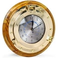 thumbnail image 1 of Nagina International Mahogany Maritime Authentic Wood Brass Porthole Fitted Nautical Tide Clock & Time Clock with Takane Tide Motor | Weather Clock Station (14 Inches), 1 of 6