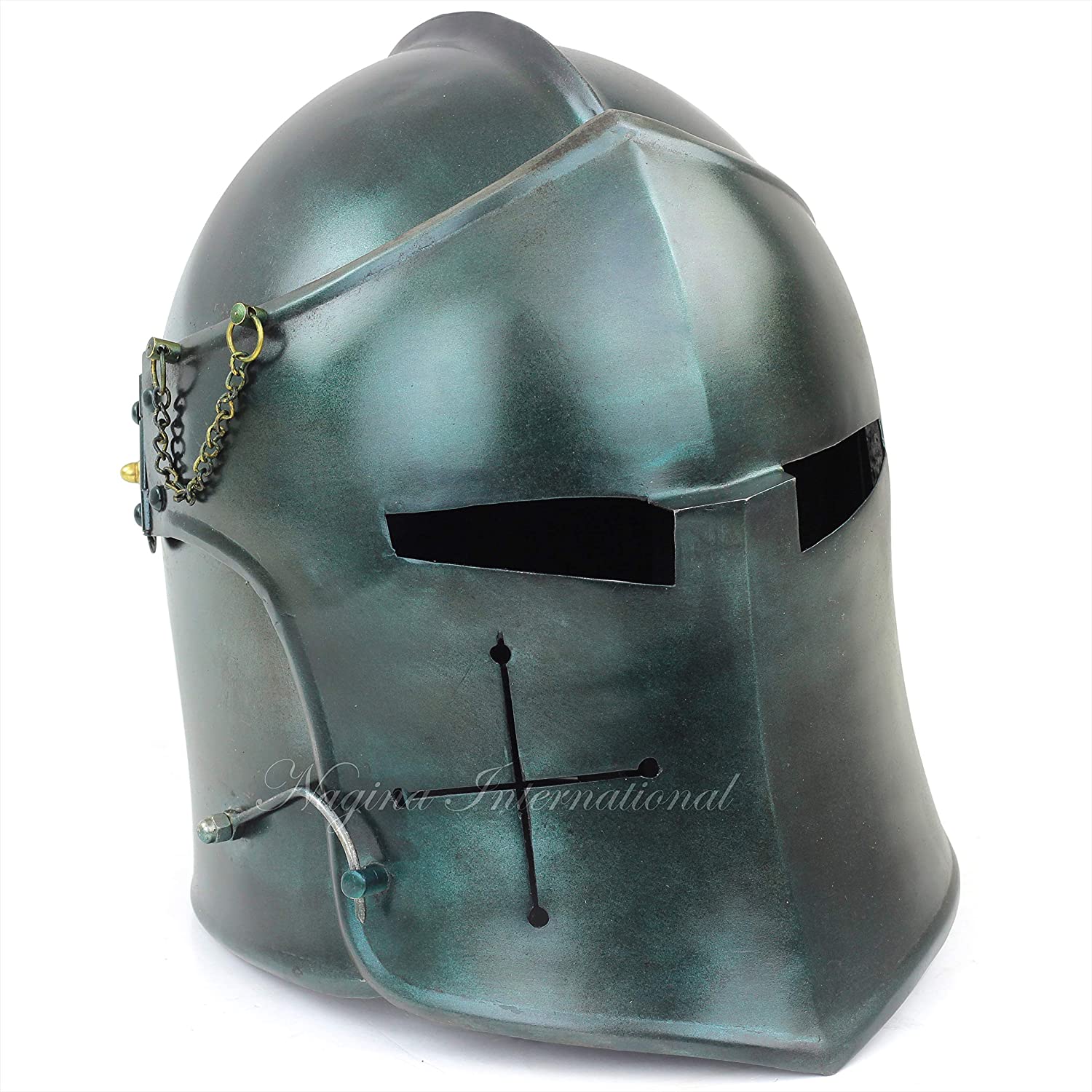 Nagina International Medieval Barbuta Visored Brushed Steel Knights Armory Templar Crusader's Helmet | Props & Costumes Helm for Larpers (Army Green) - image 1 of 1