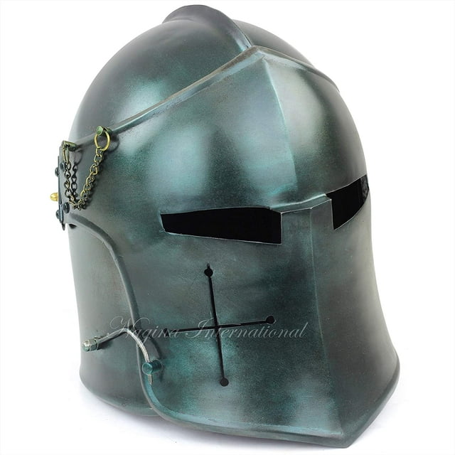 Nagina International Medieval Barbuta Visored Brushed Steel Knights Armory Templar Crusader's Helmet | Props & Costumes Helm for Larpers (Army Green)