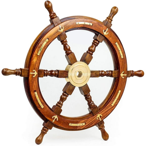 Nagina International Natural Wood Handcrafted Ship Wheel with Inlayed Brass Anchor and Rippets| Ocean Maritime Navy Decor (16 Inches)