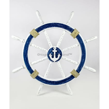 Nagina International Nautical Decorative White Blue Premium Ship Wheel With Accentuated Rope | Pirate's Wall Decor | Sea Gift (18 Inches)