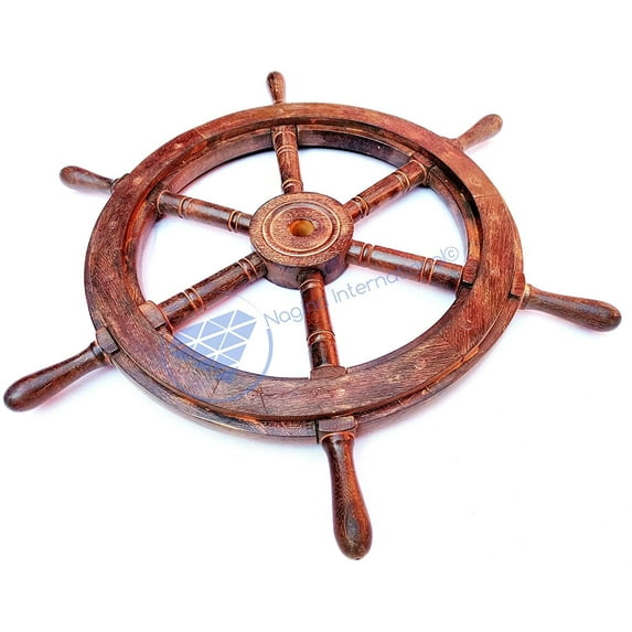 Nagina International Nautical Maritime Captain's Pirate Antique Brown Wood Ship Wheel- Home Decor - Pirate Nursery Gift (16 Inches)