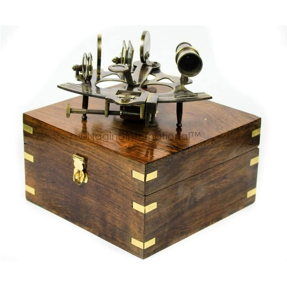 Nagina International Nautical Pirate's Maritime Astronomical Brass Sextant with Decorative Anchor Inlaid Rosewood Storage Wooden Box | Exclusive Decor Gifts (9 Inches, Antique Brass)