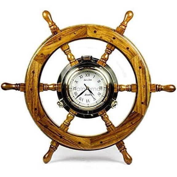 Nagina International Nautical Porthole Clock Ship Wheel | Roman Numerals (24 Inches)