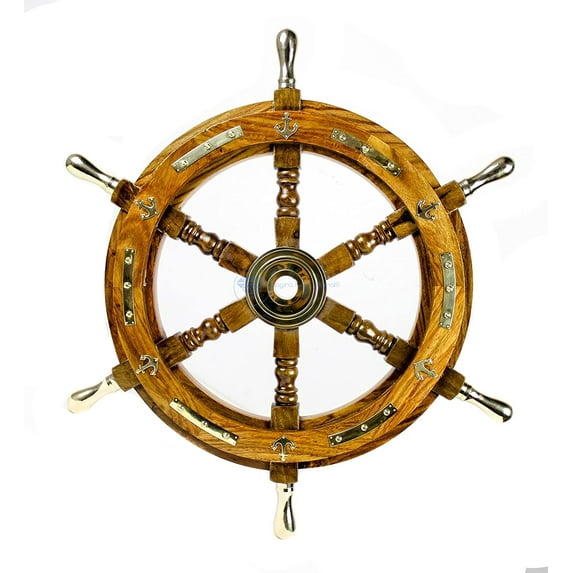 Nagina International Nautical Premium Sailor's Hand Crafted Brass & Wooden Ship Wheel | Luxury Gift Decor | Boat Collectibles (30 Inches, Anchor & Strips With Brass Handles)