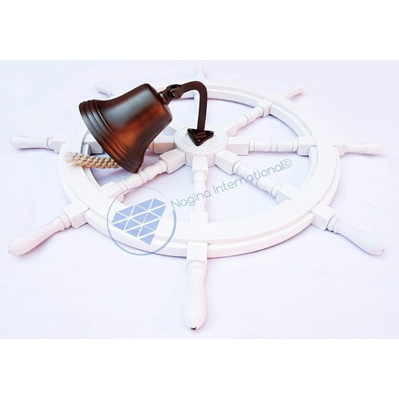 Nagina International Nautical Premium White Wooden Hub Ship Wheel | Aluminum Antique Brown Bell | Pirate Decor Gift (36 Inches)