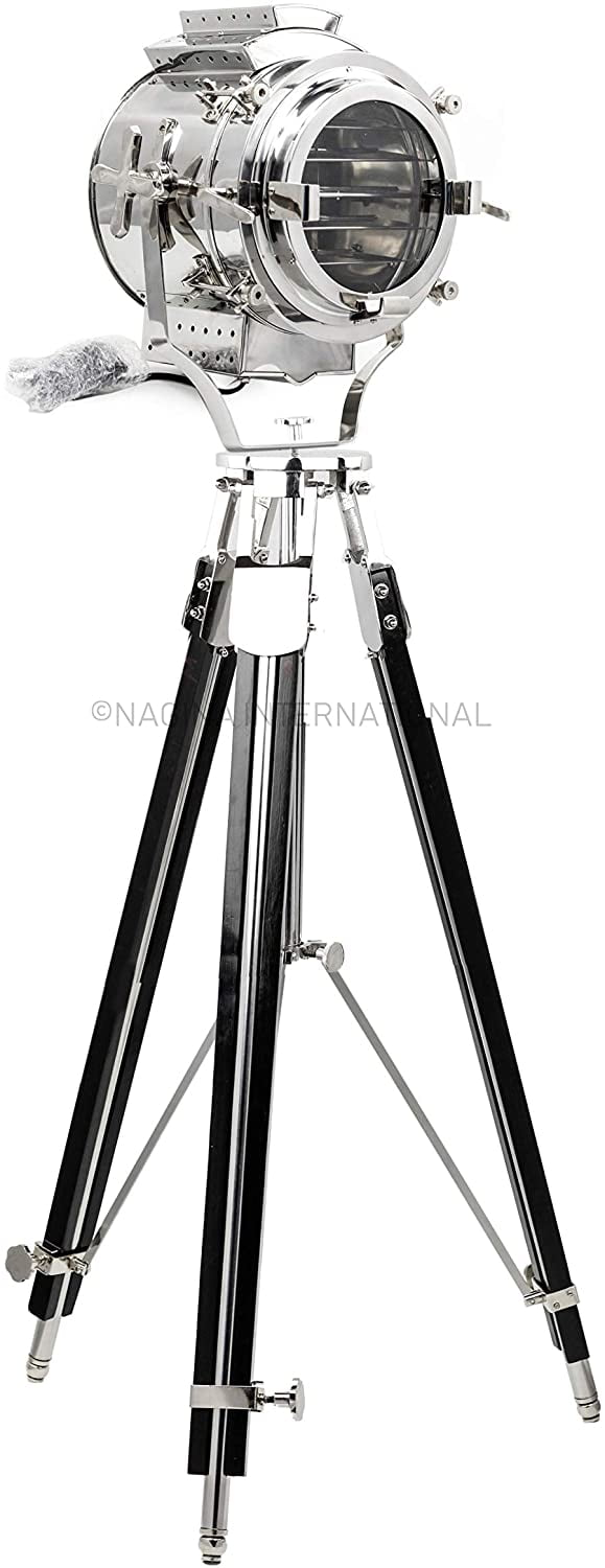 Nagina International Nautical Retro Classic Theater Collectible Steel Tripod Searchlight Lamp | Movie Props Authentic Nautical Floor Lamp Light with Heavy Large | Living Room Spot Light Lamp