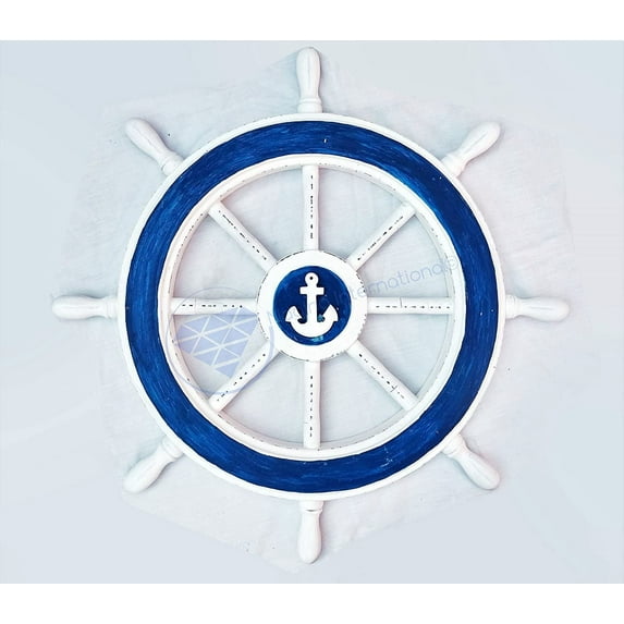 Nagina International Nautical Rustic Blue White Decorative Vintage Ship Wheel | Anchor Hub | Painted Pirate Wall Decor | Sea Gift (16 Inches)