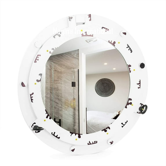 Nagina International Nautical Wall Decor Wooden Handcrafted Porthole Mirror | Pirate' Ship Decor (14 Inches, White-Black)
