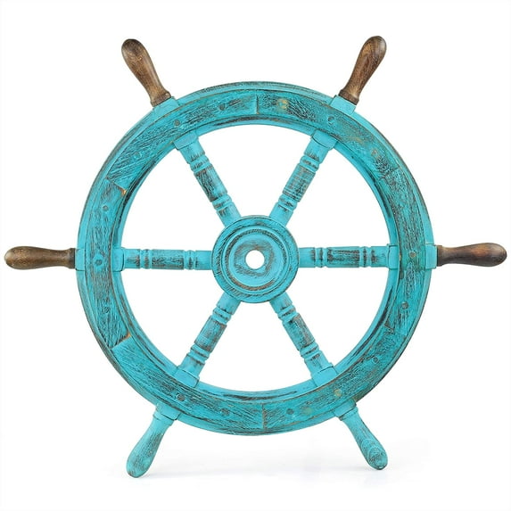 Nagina International Nautical Wooden Antique Vintage Captain's Ship Wheel - Pirate Home Decor Gifts - Nursery Wall Hangings (48 Inches, Antique Ocean Blue)