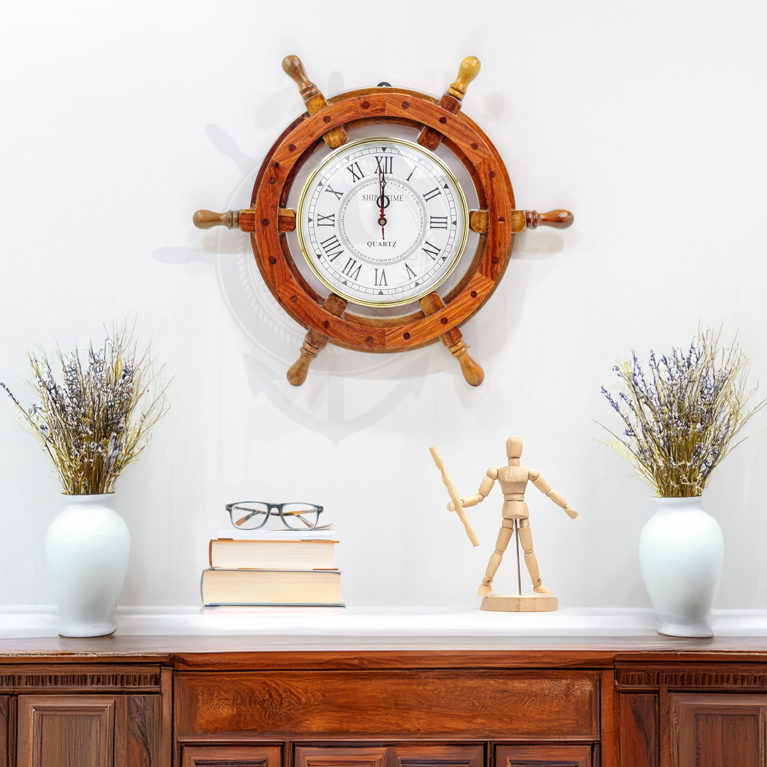 Nagina International Nautical Wooden Ship Wheel with Quartz Clock
