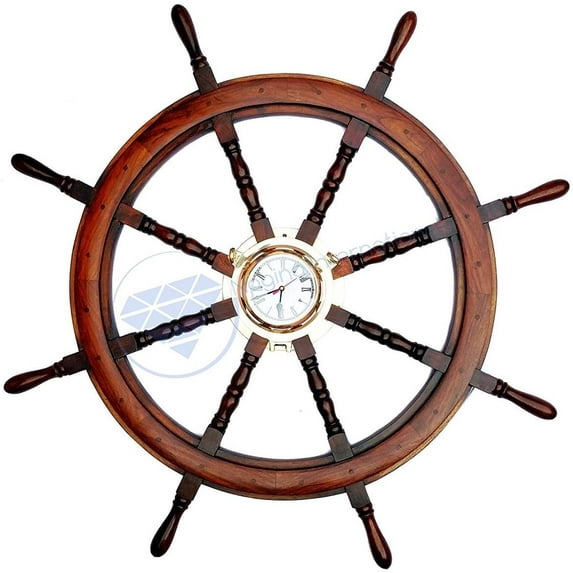Nagina International Polystone Wood Porthole Clock Ship Wheel | Nautical Brass Decor | Navy Decor (18 Inches)