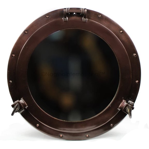 Nagina International Powder Coated Antique Brass Finished Nautical Ship's Porthole Mirror and Windows | Wall Decor Mirror Gifts & Collectibles (10 Inches, Plane Mirror)
