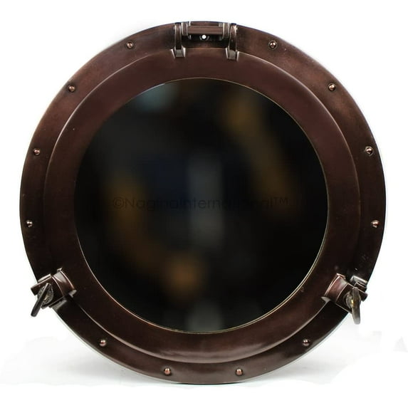 Nagina International Powder Coated Antique Brass Finished Nautical Ship's Porthole Mirror and Windows | Wall Decor Mirror Gifts & Collectibles (12 Inches, Plane Mirror)