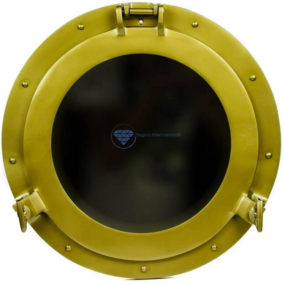 Nagina International Powder Coated Antique Brass Finished Nautical Ship's Porthole Mirror and Windows | Wall Decor Mirror Gifts & Collectibles (8 Inches, Plane Mirror)