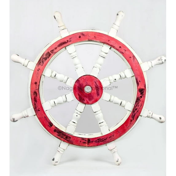 Nagina International Premium Handcrafted Wall Sculpture & Decor Accent Nautical Antique Ocean Beach Decorative Ship Wheels | Maritime Wall Decor & Gifts (12 Inches, Watermelon Red)