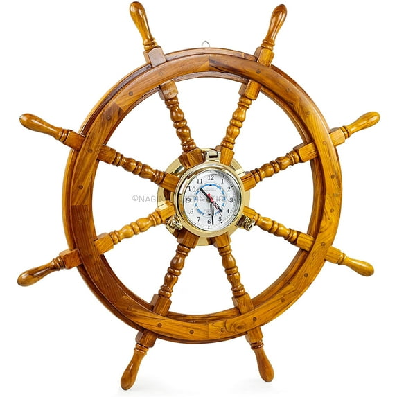 Nagina International Premium Mahogany Wood Nautical Captain's Ship Wheel with Pirate Brass Porthole Clock - Captain Maritime Beach Home Decor Gift (48 Inches)