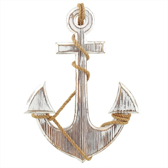 Nagina International Premium Pine Nautical Antique Colored Sailor's Decor Anchor With Vintage Rope | Wall Hanging (24 Inches, Antique White)