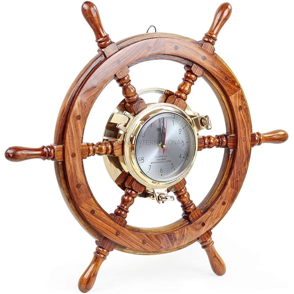 Nagina International Premium Porthole Clock Ship Wheel with Solid Teak Finish - Captain Maritime Beach Home Decor Gift (16 Inches)