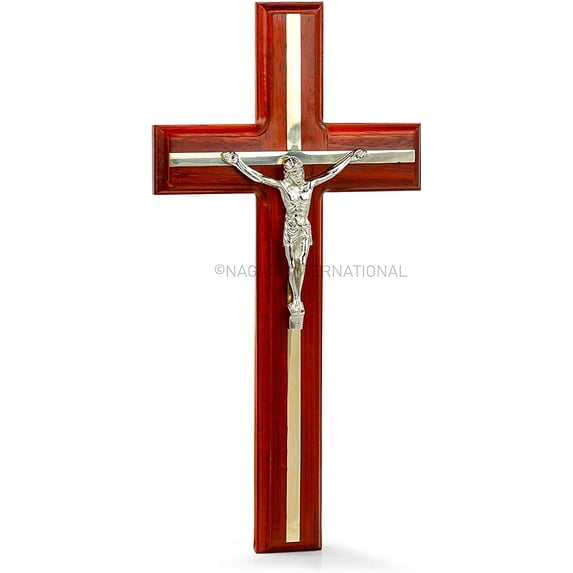 Nagina International Red Cherry Crafted Wooden Holy Wall Cross With Silver Plated Jesus Christ Crucifix Lord's Replica