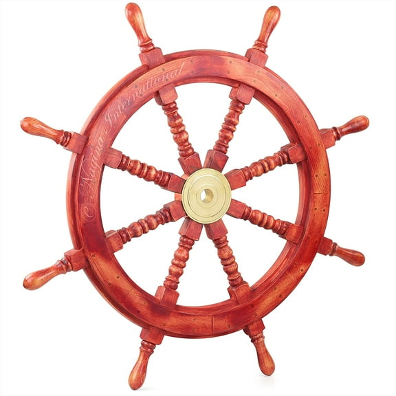 Nagina International Red Wooden Ship Wheel Handcrafted From Malaysian Wood With Brass Centre Hub | Nautical Wall Hanging Sculpture Room Decor Ideas (18 Inches)