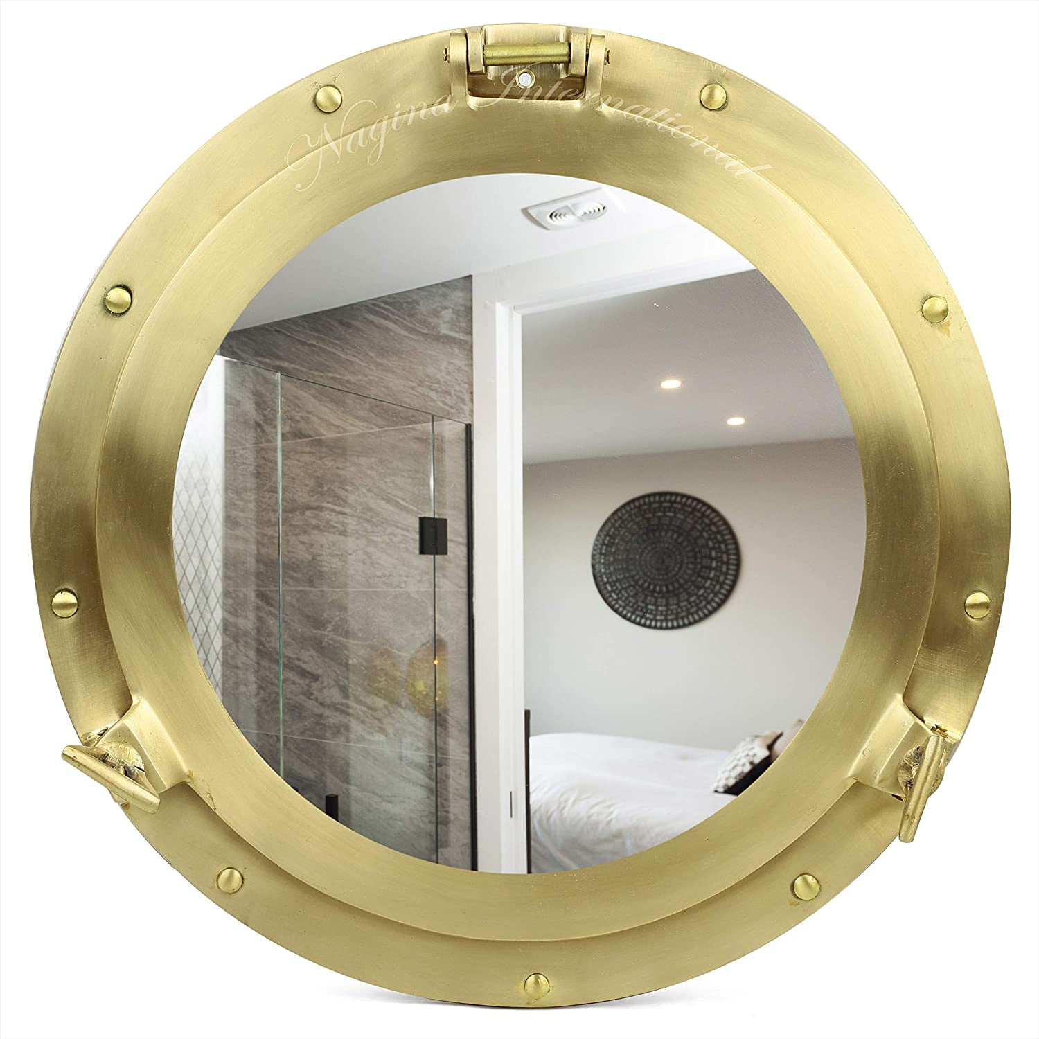 Nagina International Rose Gold Ornamental Decorative Premium Nautical Accentuated Brushed Solid Brass Heavy Porthole Mirror & Window | Pirate's Lavish Style Decor (Mirror, 12 Inches)