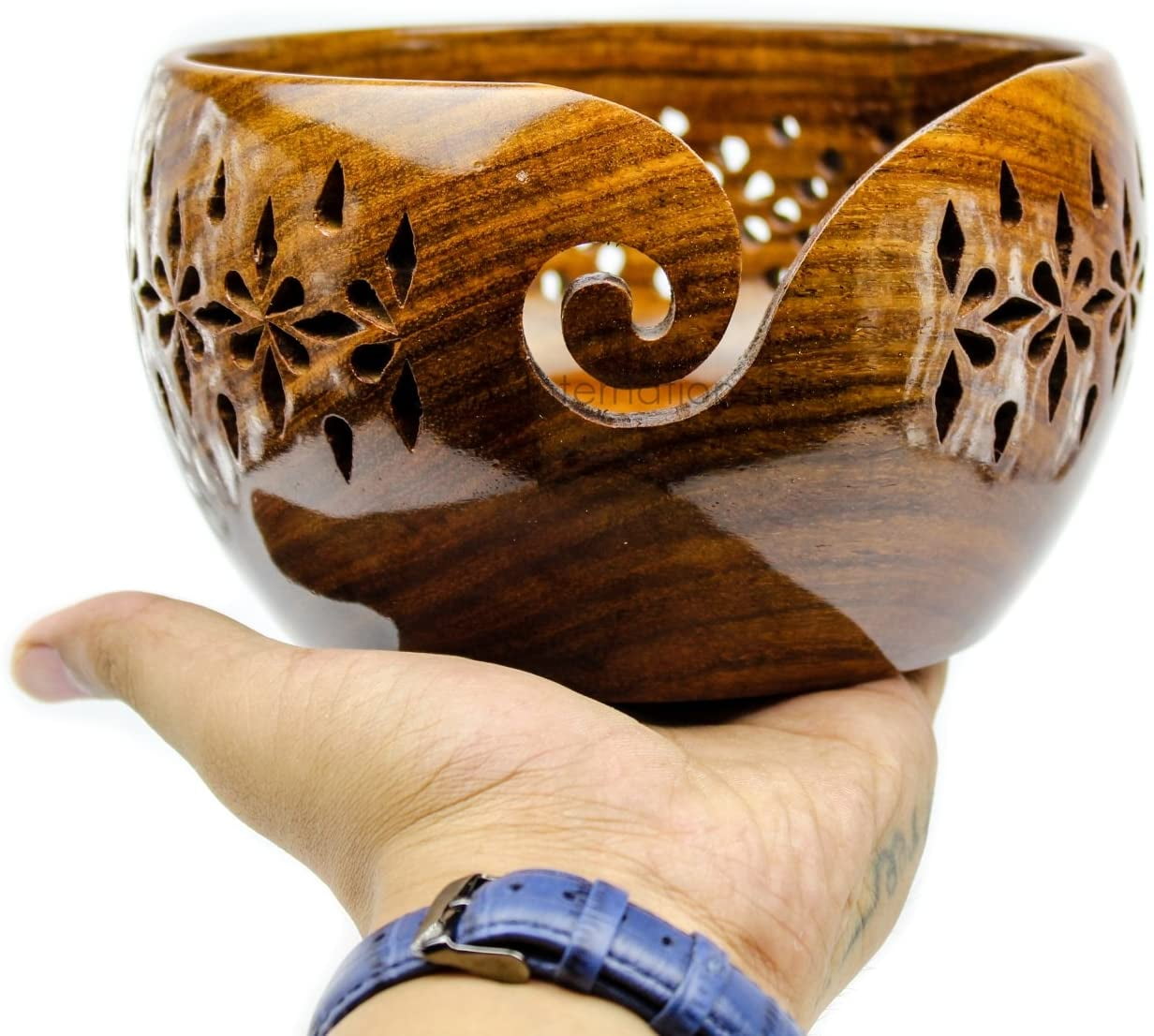 Nagina International Rosewood Crafted Wooden Yarn Storage Bowl With Carved  Holes & Drills